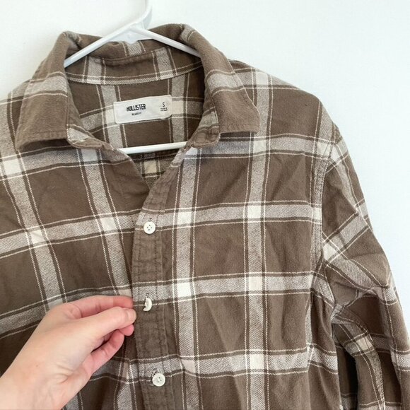 HOLLISTER HCO Mens Check Overshirt Brown White Plaid Flannel Button Down Cotton - Picture 14 of 14